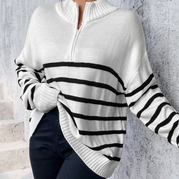 White Casual Womens Stripe Pattern Half Zipper Drop Shoulder Sweater - Picture 5 of 5